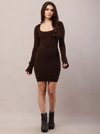 Viscose Full Sleeve with Round Neck Fitted Ribbed Bodycon Brown Dress