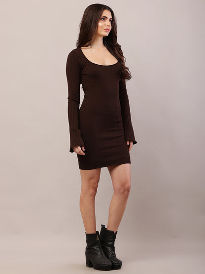 Viscose Full Sleeve with Round Neck Fitted Ribbed Bodycon Brown Dress