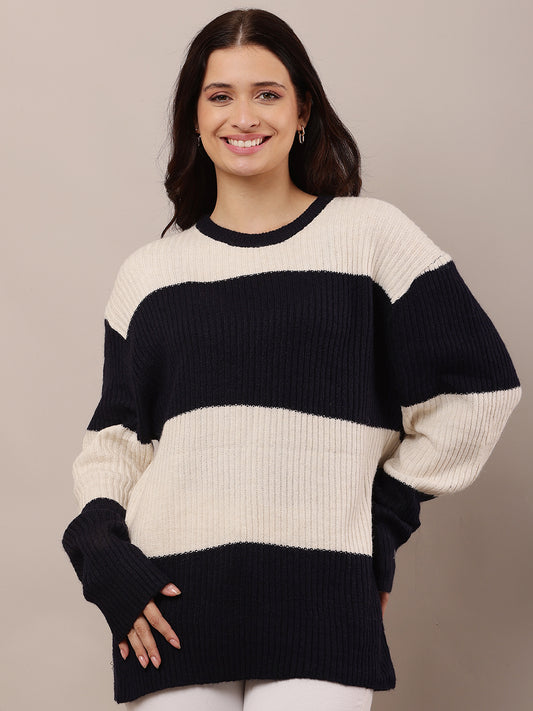 Acrylic Full Sleeve with Round Neck Dark Blue and Beige sweater