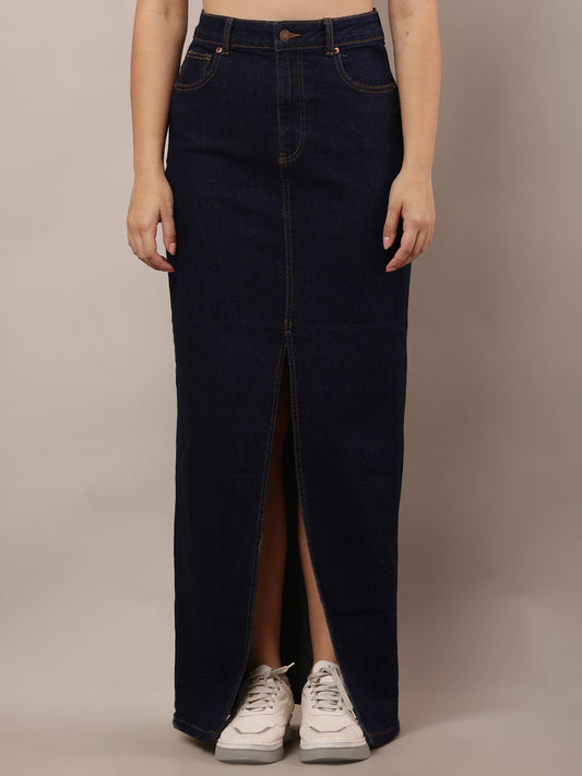 Denim Slim Fit Front Slit Dark Blue Maxi Skirt