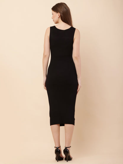 Viscose Round Neck with Sleeveless Black Bodycon Dress