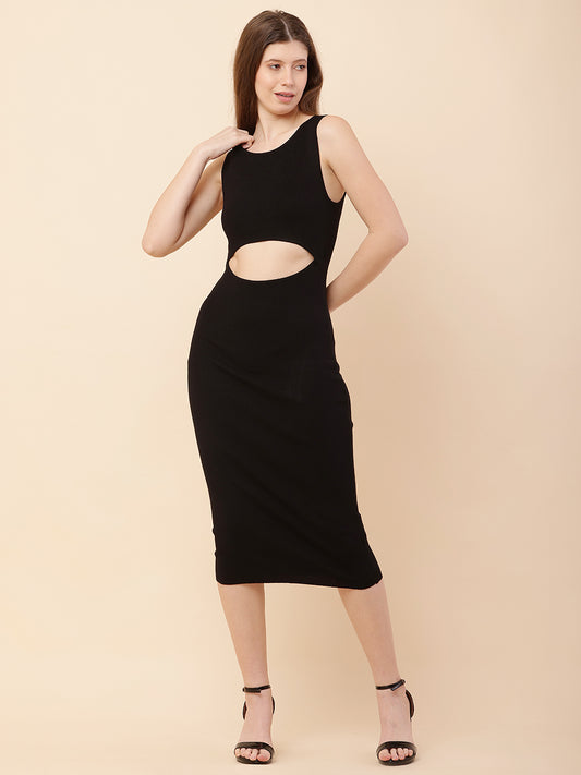 Viscose Round Neck with Sleeveless Black Bodycon Dress