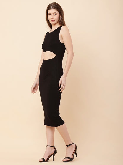 Viscose Round Neck with Sleeveless Black Bodycon Dress