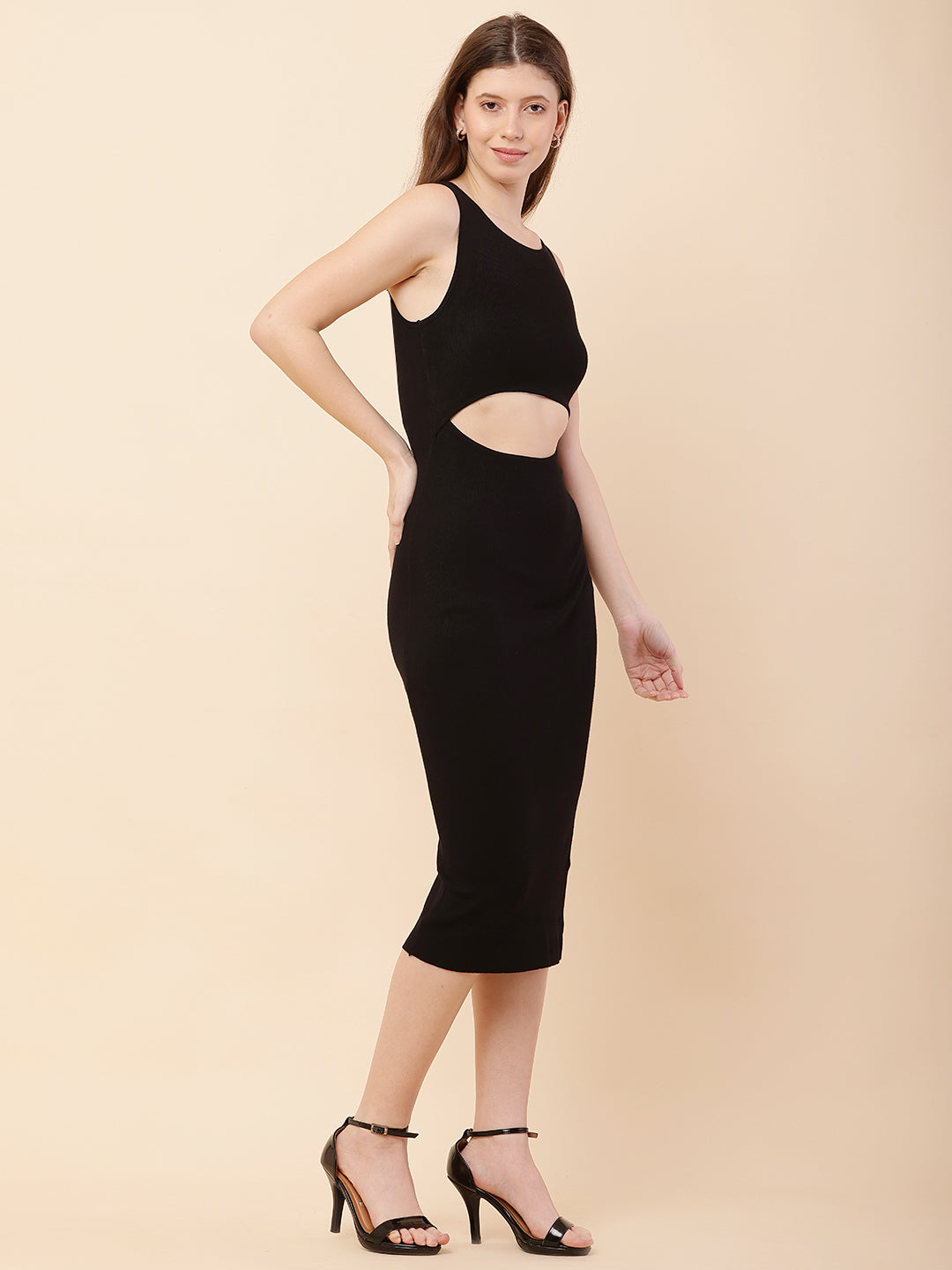 Viscose Round Neck with Sleeveless Black Bodycon Dress