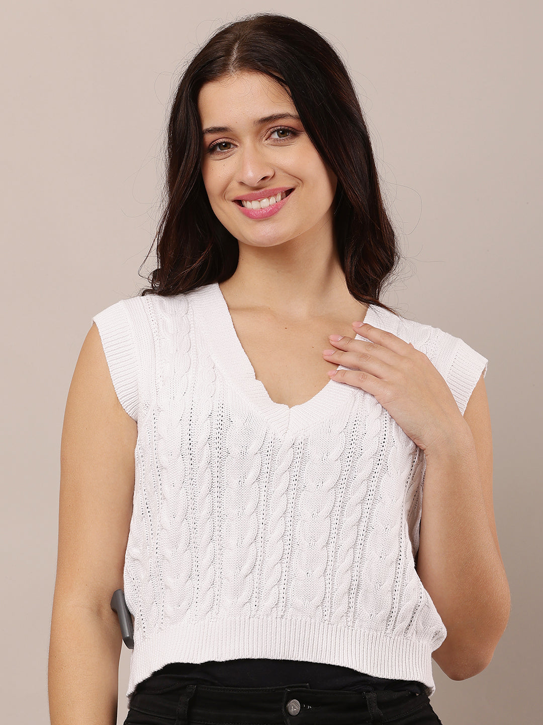 Cotton Sleeveless with V-Neck knitted White Sweater Vest