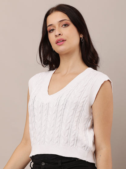 Cotton Sleeveless with V-Neck knitted White Sweater Vest