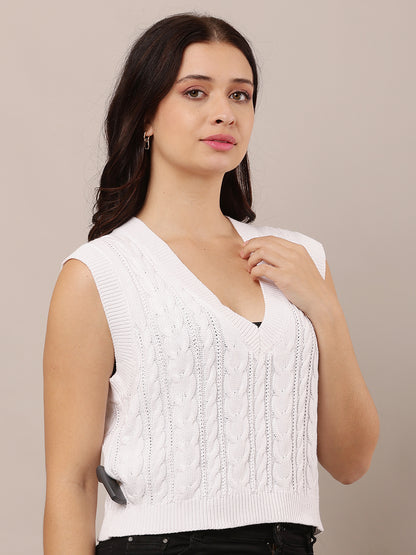 Cotton Sleeveless with V-Neck knitted White Sweater Vest