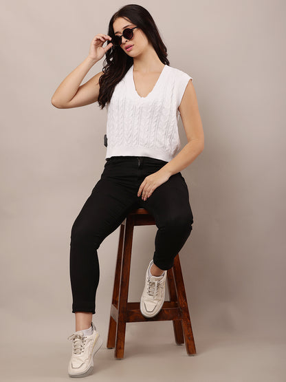 Cotton Sleeveless with V-Neck knitted White Sweater Vest