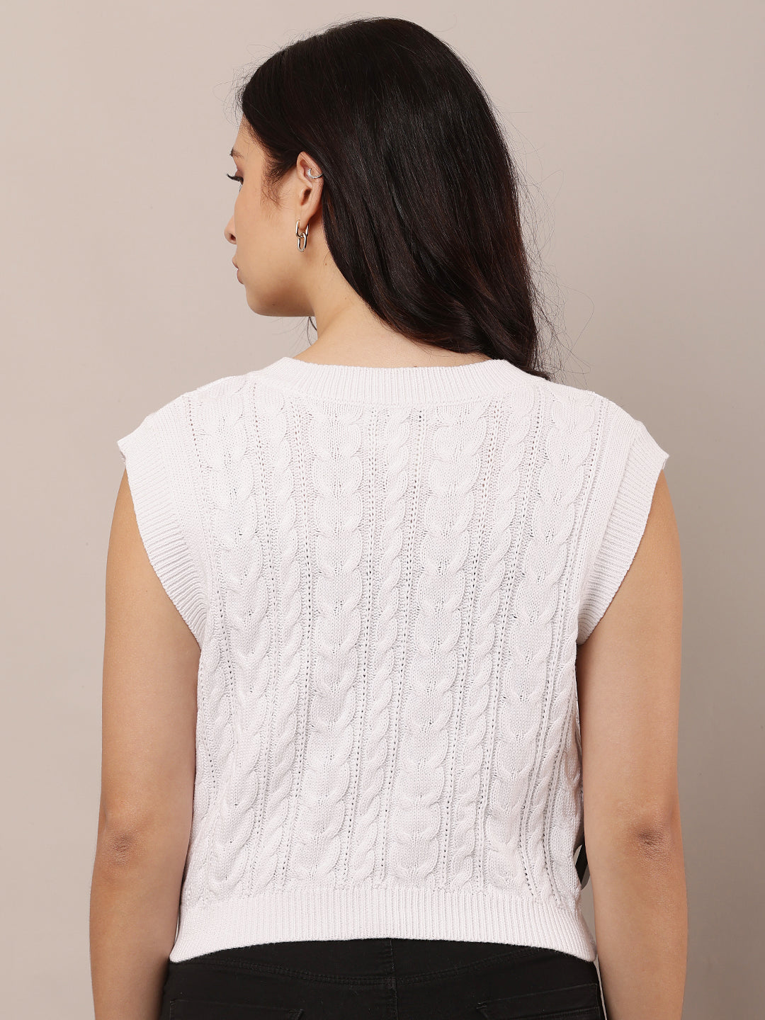 Cotton Sleeveless with V-Neck knitted White Sweater Vest