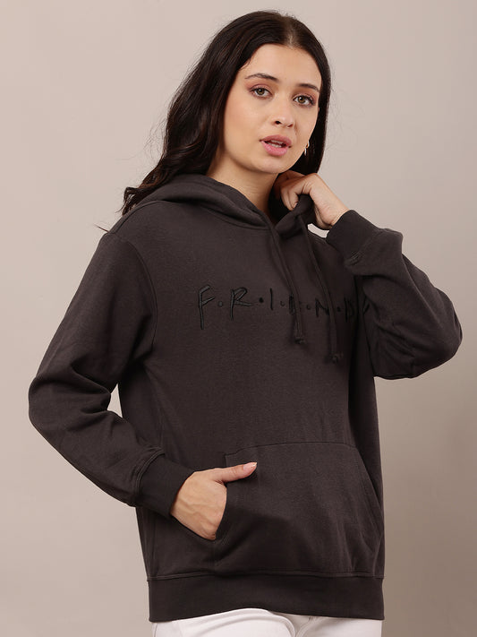 Cotton Full Sleeve Hooded Solid Dark Grey Sweatshirt