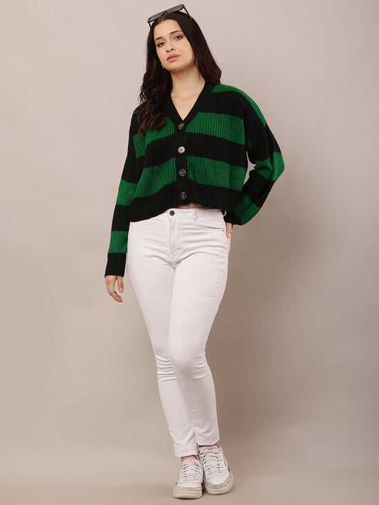 Green and black Striped Cardigan with Acrylic Full Sleeves and V-Neck