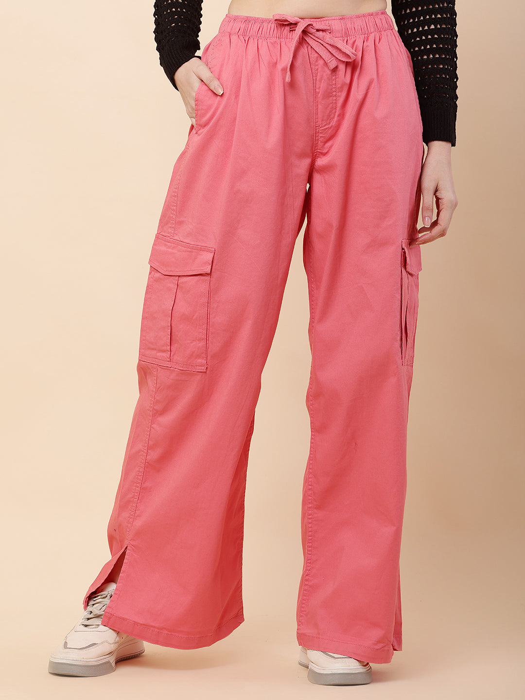 Cotton High Rise Baggy Cargo Pant Trouser Pink