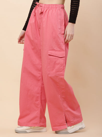 Cotton High Rise Baggy Cargo Pant Trouser Pink