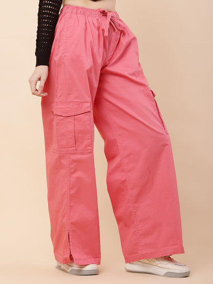 Cotton High Rise Baggy Cargo Pant Trouser Pink