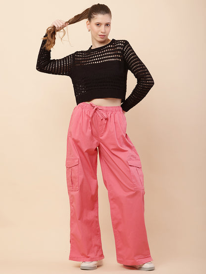 Cotton High Rise Baggy Cargo Pant Trouser Pink