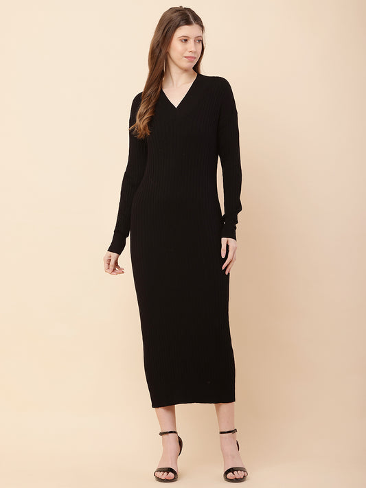 Viscose Full Sleeve with V-Neck Ribbed Bodycon Black Dress