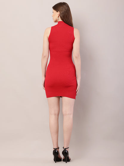 Viscose High-Neck with Sleeveless Red Bodycon Dress