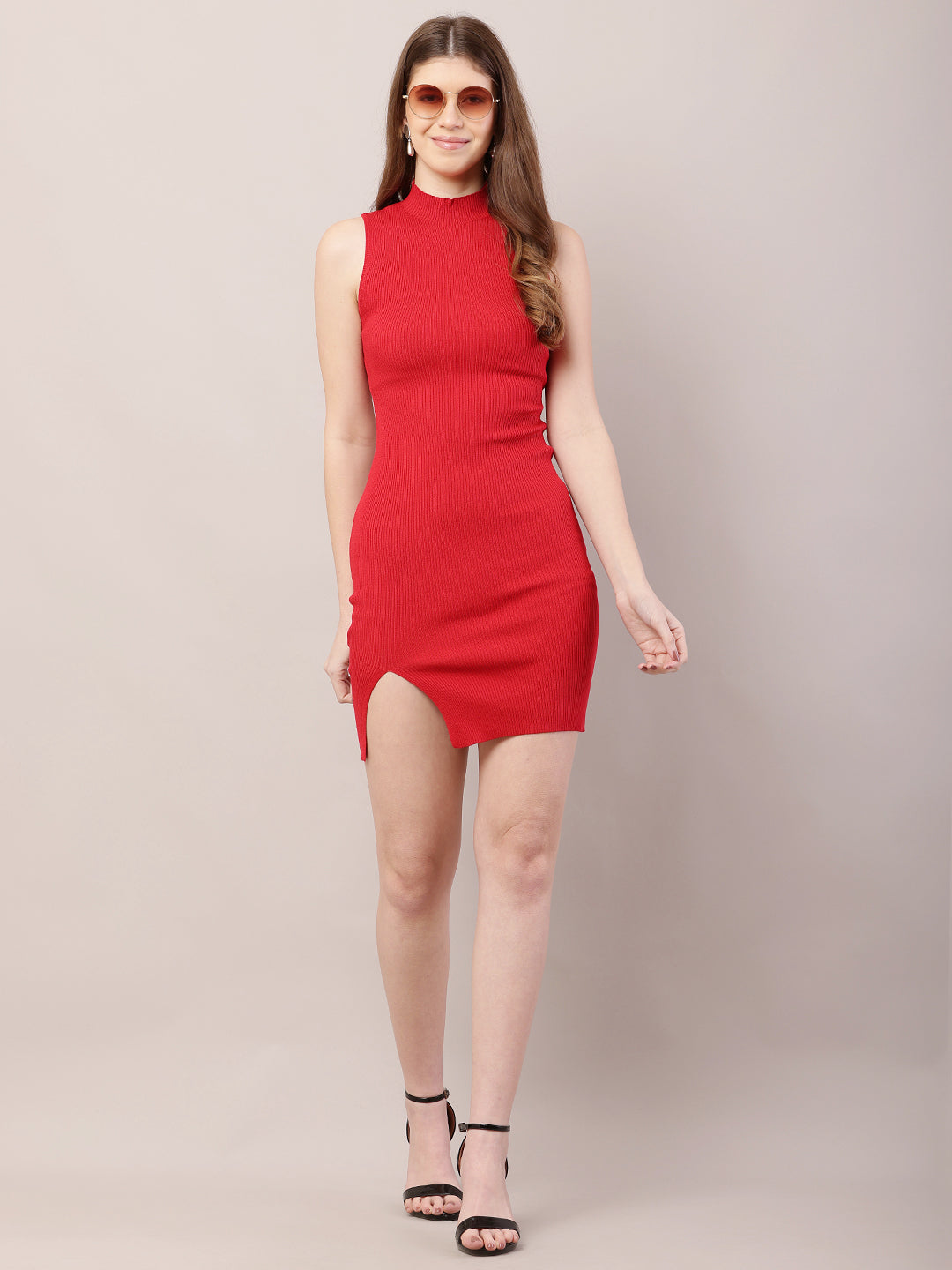 Viscose High-Neck with Sleeveless Red Bodycon Dress