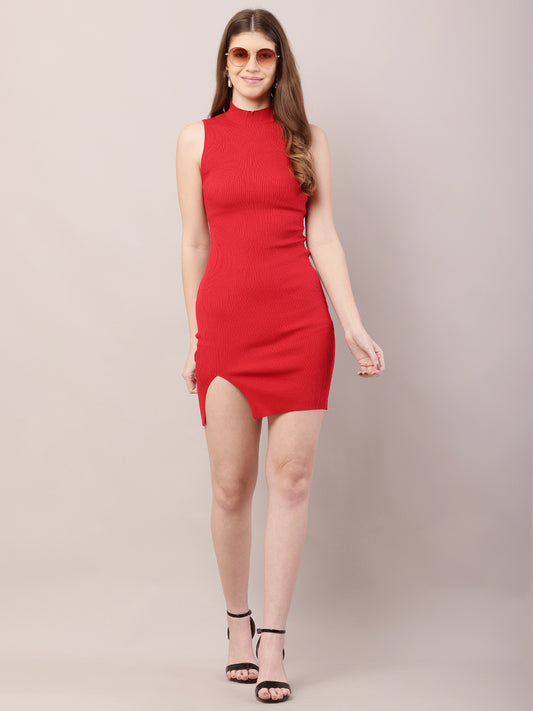 Viscose High-Neck with Sleeveless Red Bodycon Dress