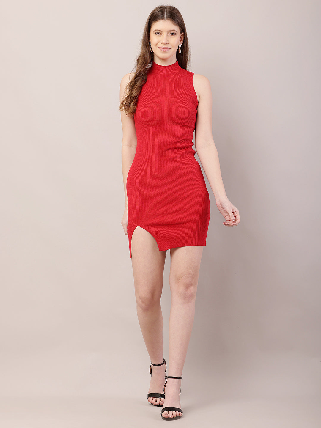 Viscose High-Neck with Sleeveless Red Bodycon Dress