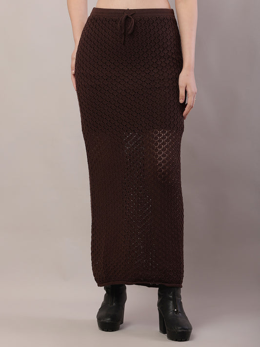 Cotton Mesh Crochet Brown Sexy Sheer Maxi Skirt