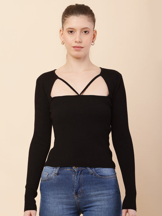 Viscose V-Neck with Full Sleeve Ribbed Black Top