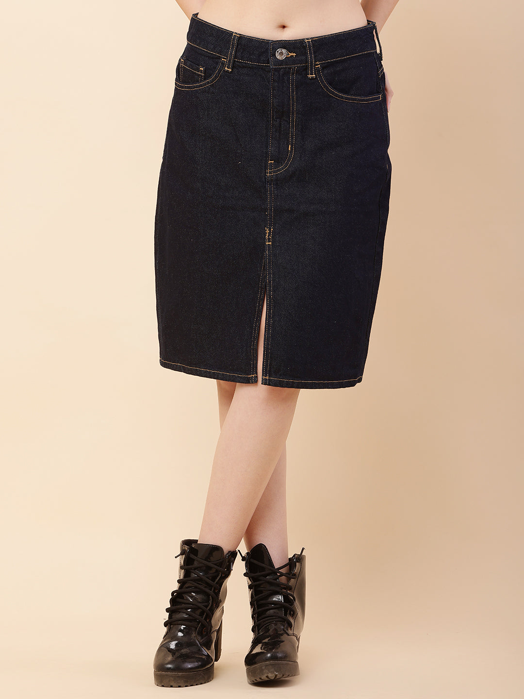 Denim Regular Fit Front Slit Dark Blue Skirt