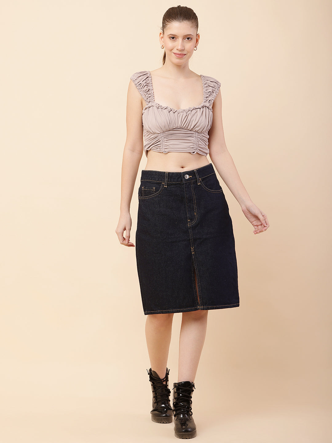 Denim Regular Fit Front Slit Dark Blue Skirt