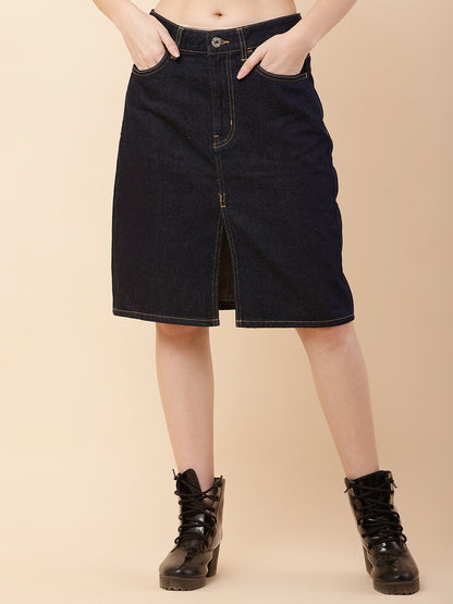 Denim Regular Fit Front Slit Dark Blue Skirt