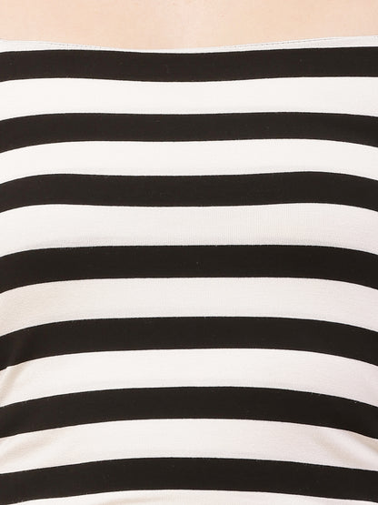 Nylon Square neck with Full Sleeve Black & White Striped Top