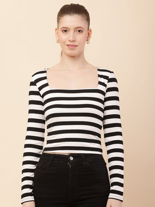 Nylon Square neck with Full Sleeve Black & White Striped Top