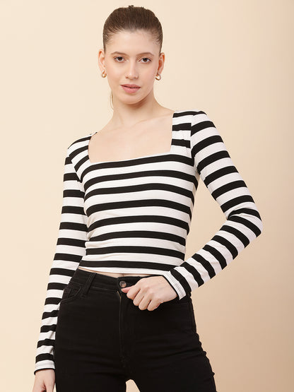 Nylon Square neck with Full Sleeve Black & White Striped Top