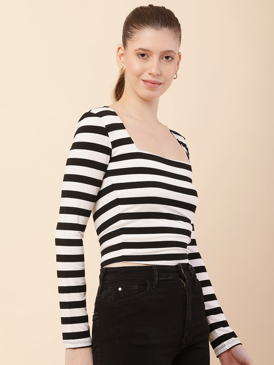 Nylon Square neck with Full Sleeve Black & White Striped Top