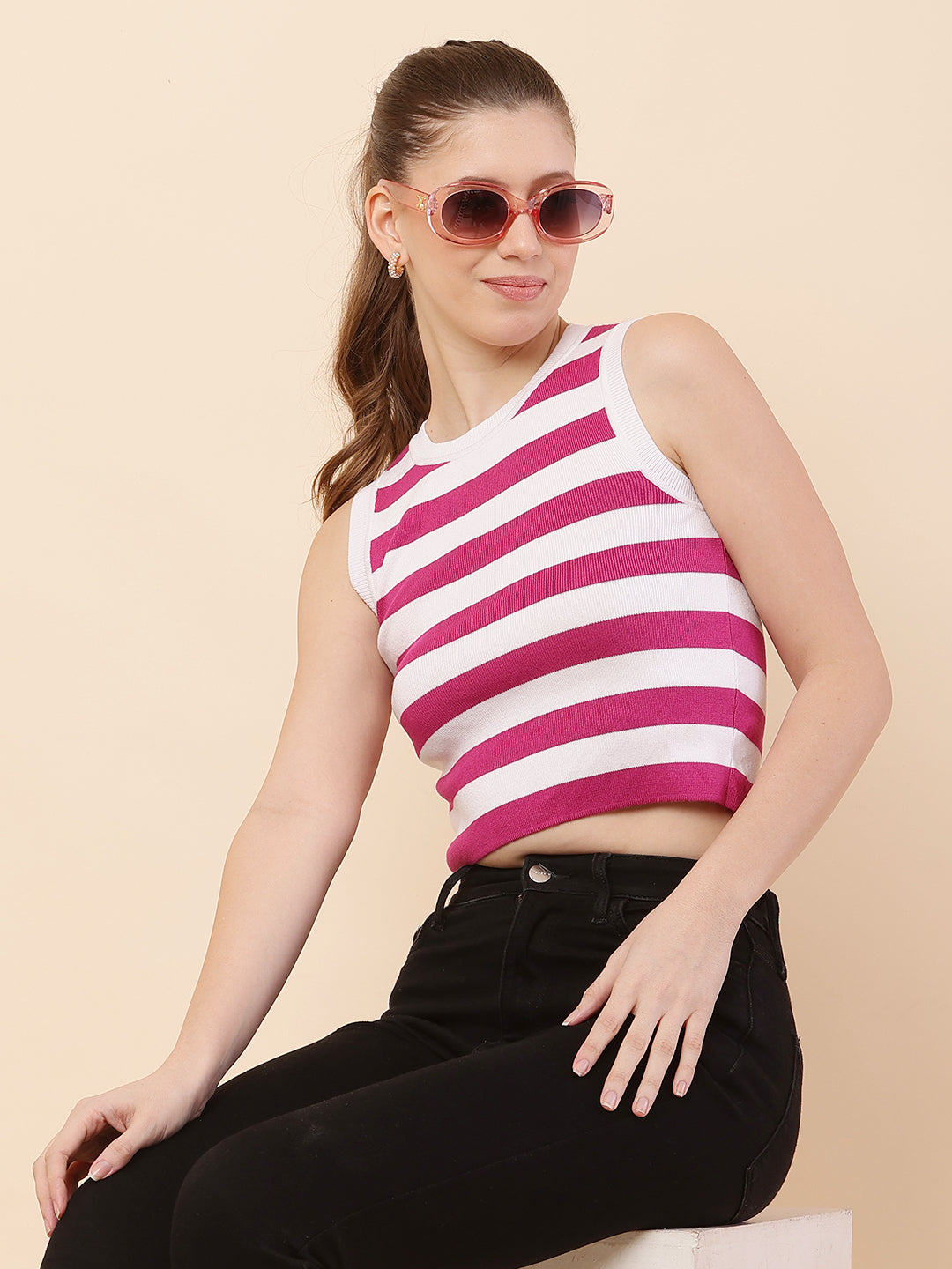 Viscose Crew neck with Sleeveless Striped Pink Crop Top