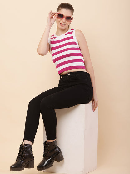 Viscose Crew neck with Sleeveless Striped Pink Crop Top