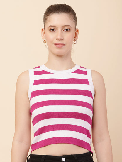 Viscose Crew neck with Sleeveless Striped Pink Crop Top