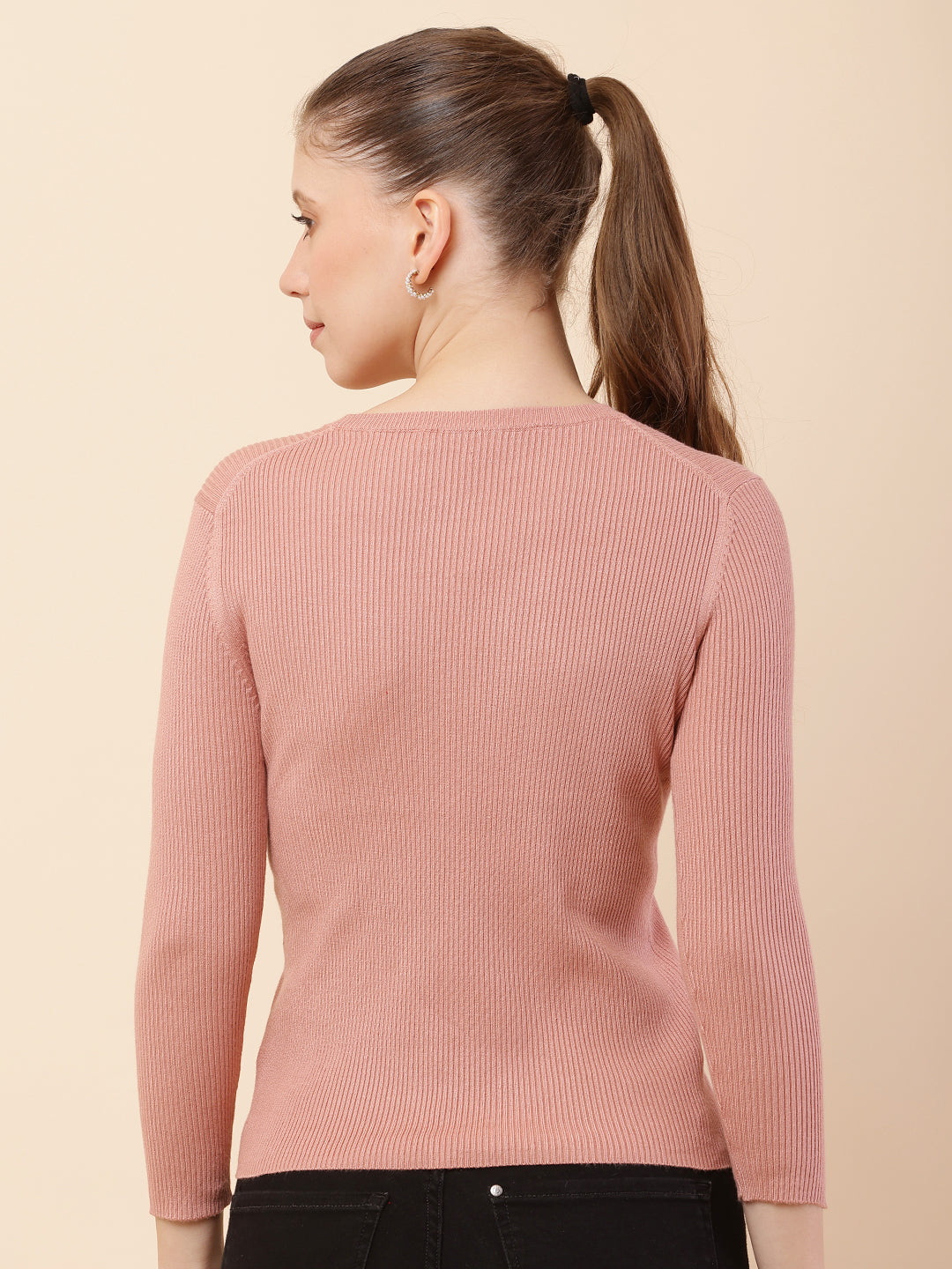 Viscose Full Sleeve with Round Neck Ribbed Peach Sweater