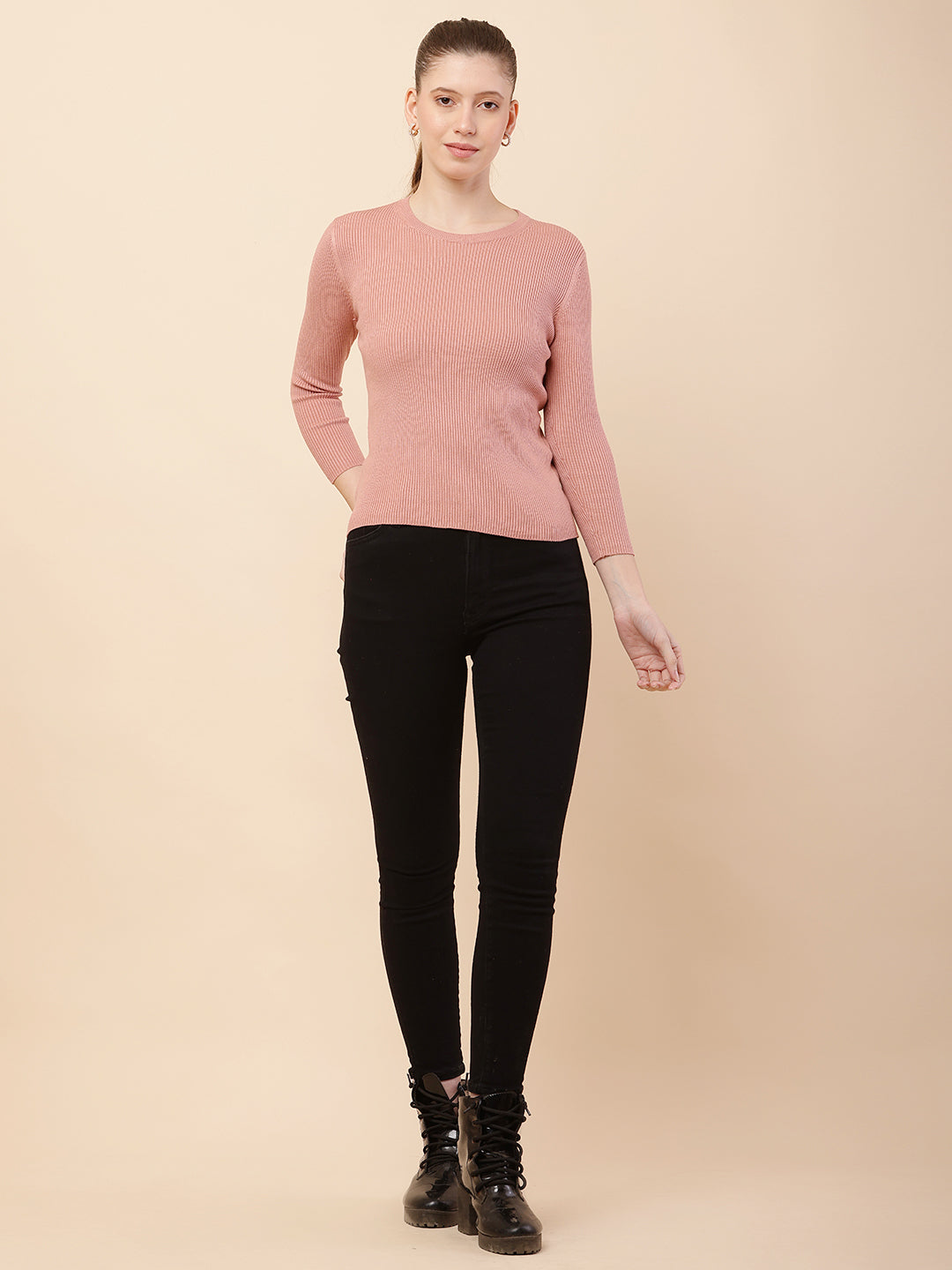 Viscose Full Sleeve with Round Neck Ribbed Peach Sweater