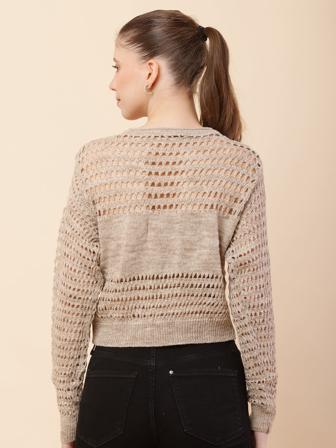 Polyester Full Sleeve with Round Neck Crochet Beige Sweater