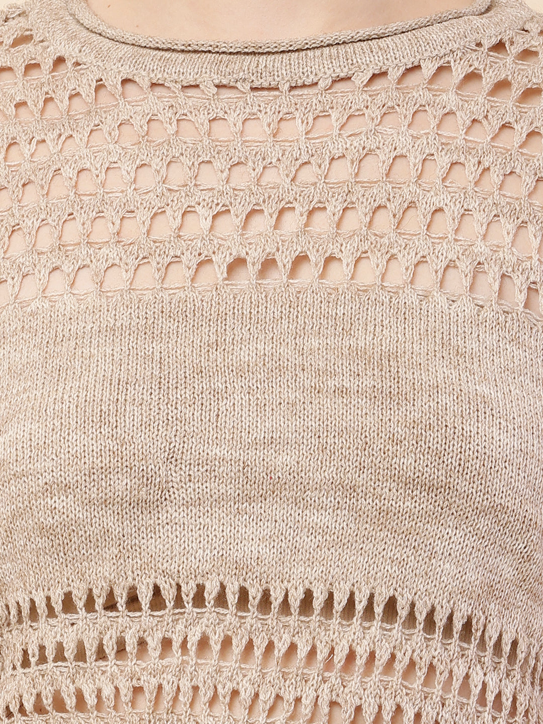 Polyester Full Sleeve with Round Neck Crochet Beige Sweater