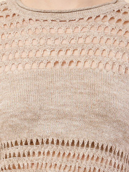 Polyester Full Sleeve with Round Neck Crochet Beige Sweater