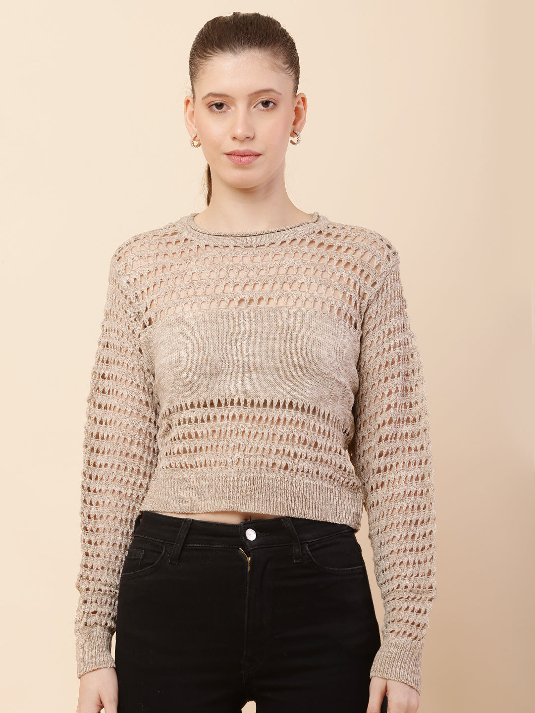 Polyester Full Sleeve with Round Neck Crochet Beige Sweater