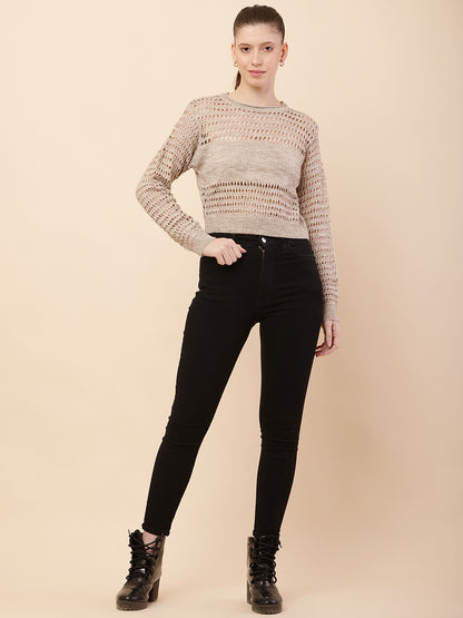 Polyester Full Sleeve with Round Neck Crochet Beige Sweater