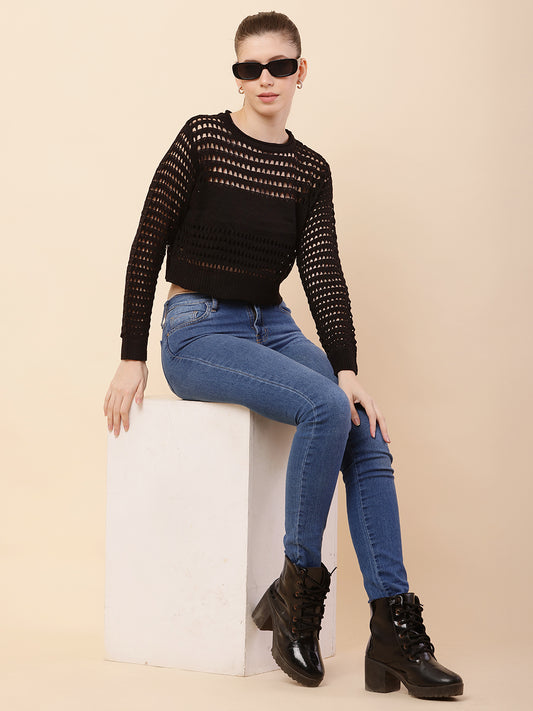 Polyester Full Sleeve with Round Neck Crochet Black Sweater