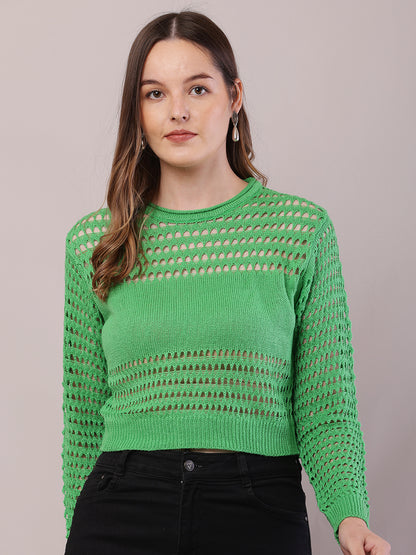 Polyester Full Sleeve with Round Neck Crochet Green Sweater