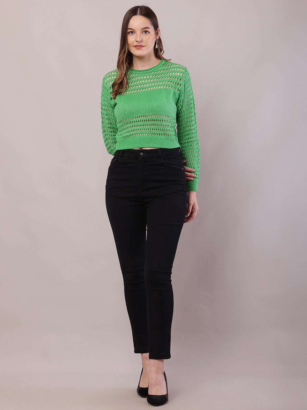 Polyester Full Sleeve with Round Neck Crochet Green Sweater