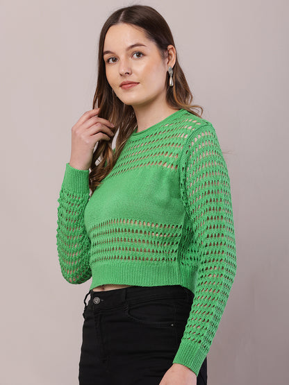 Polyester Full Sleeve with Round Neck Crochet Green Sweater