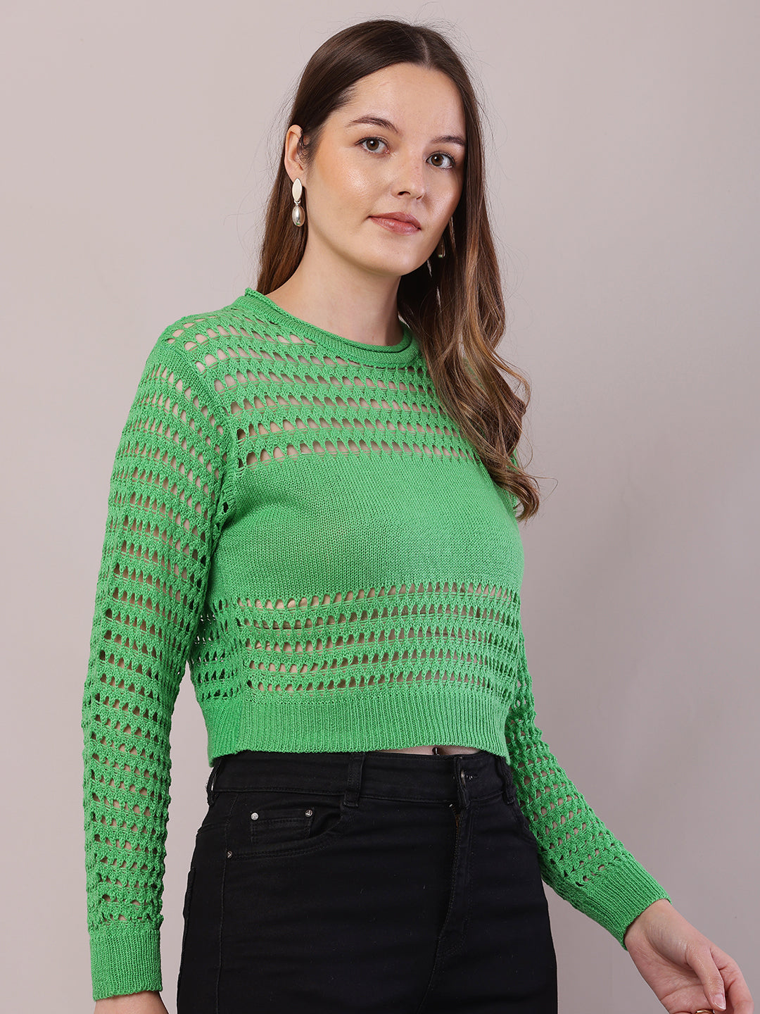 Polyester Full Sleeve with Round Neck Crochet Green Sweater