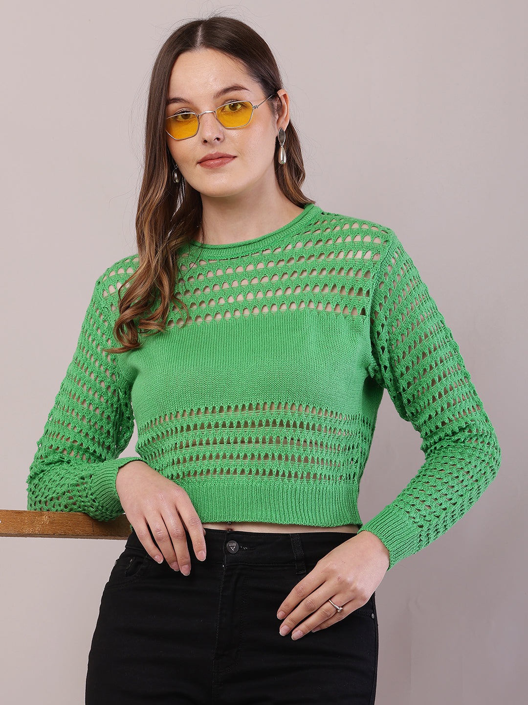 Polyester Full Sleeve with Round Neck Crochet Green Sweater