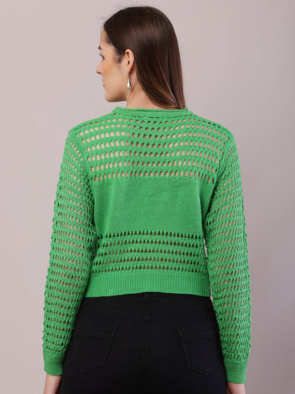 Polyester Full Sleeve with Round Neck Crochet Green Sweater